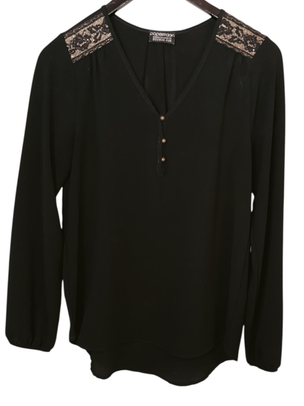 🌺Papermoon Black Long Sleeve V-Neck Blouse with Lace Shoulders